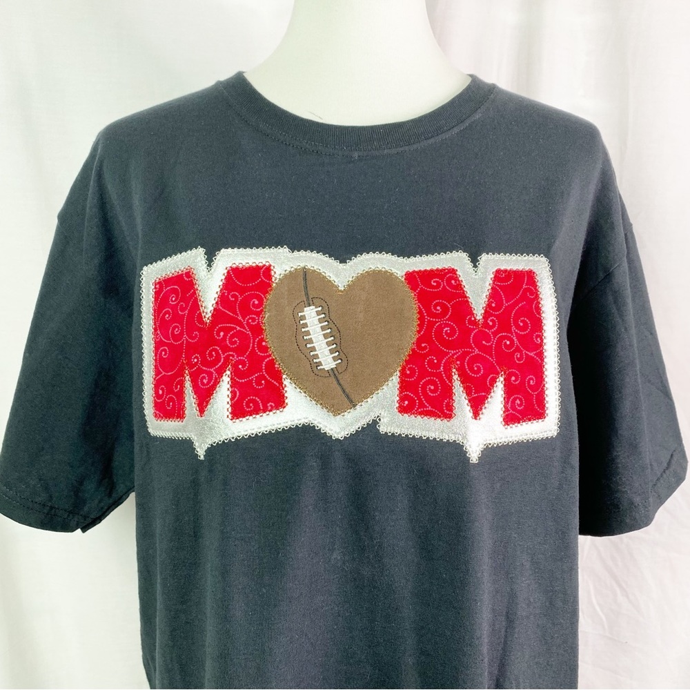 Custom Football Mom Embroidered Appliqué Black T-shirt Red and Silver Lg NEW